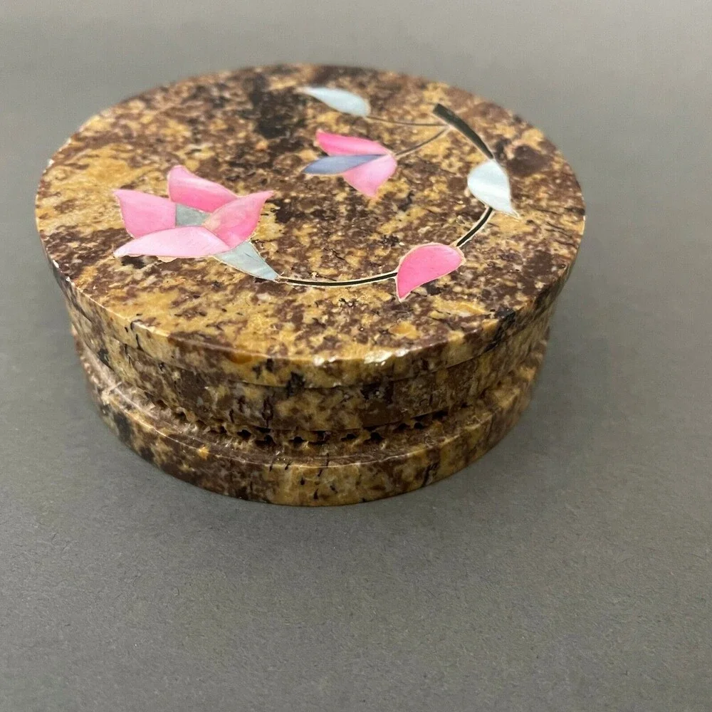 Round Marble Stone‎ Floral Flowers Trinket Jewelry Box